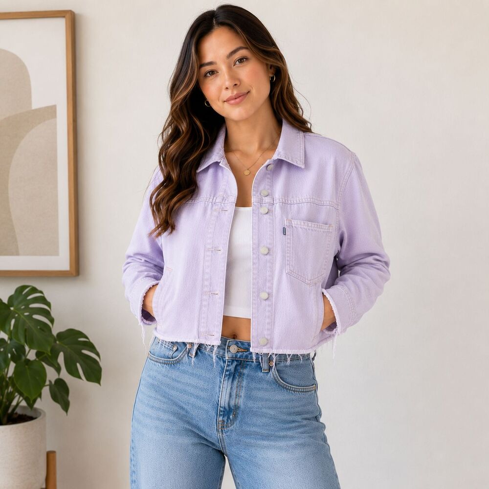 Levi's Line 8 Lilac Cropped Denim Jacket Distressed Raw Hem Small